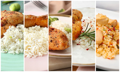 Collage of photos with tasty boiled rice and chicken