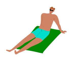 Man lying sunbathing on towel at the beach and relaxes. Vector colorful illustration in cartoon style