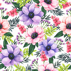 Abstract seamless floral pattern with anemones. Design wallpaper, fabric and packaging.