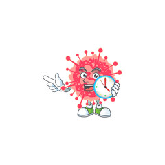 cartoon character style of cheerful coronavirus emergency with clock