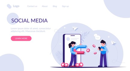 Social media marketing. Get more likes concept illustration. People with a magnet attracts likes to her social media page. People uses a mobile phone. Modern flat vector illustration.