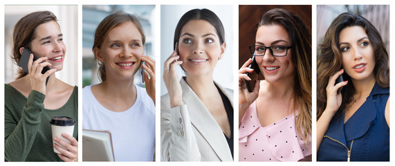 Obraz premium Positive successful businesswomen talking on cellphone portrait set. Beautiful young women with mobile phones multiple shot collage. Communication concept