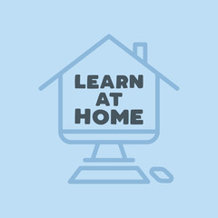 Learn at home text in computer screen illustration. E-learning  message for quarantine times in coronavirus pandemic outbreak. Online education symbol. 