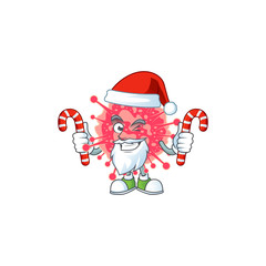 Friendly coronavirus emergency in Santa Cartoon character with candies