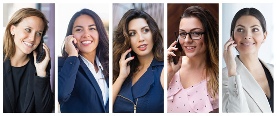 Happy joyful ladies speaking on cells portrait set. Beautiful young women with mobile phones multiple shot collage. Communication concept