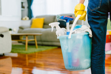Woman carry bucket full of cleaning products with living room in backgroud. Ready to clean.