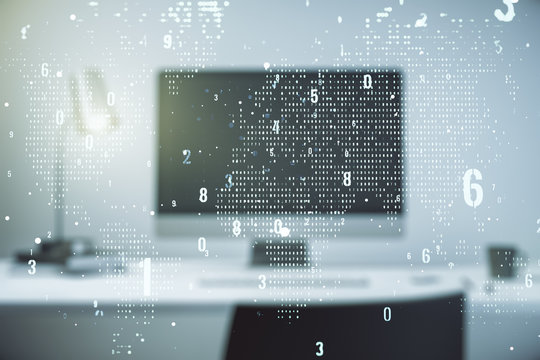 Multi exposure of abstract creative coding sketch with world map on modern laptop background, artificial intelligence and neural networks concept