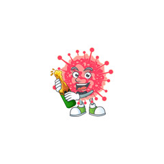 mascot cartoon design of coronavirus emergency with bottle of beer
