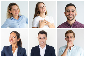 Successful business team members portrait set. Happy men and women smiling at camera. Multiple shot collage. Human emotions concept