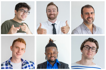 Fototapeta premium Happy multiracial male customers portrait set. Handsome men smiling at camera. Multiple shot collage. Human emotions concept