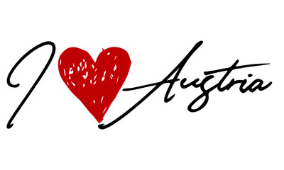 I love Austria Red Heart and Creative Cursive handwritten lettering on white background.