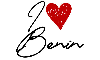 I love Benin Red Heart and Creative Cursive handwritten lettering on white background.