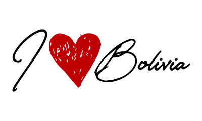I love Bolivia Red Heart and Creative Cursive handwritten lettering on white background.
