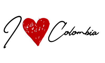 I love Colombia Red Heart and Creative Cursive handwritten lettering on white background.