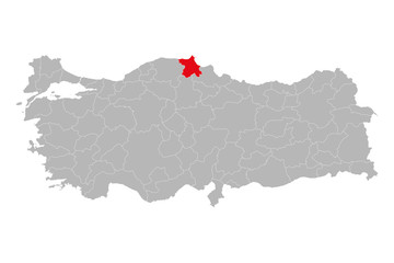 Sinop province highlighted on turkey map vector. Gray background.