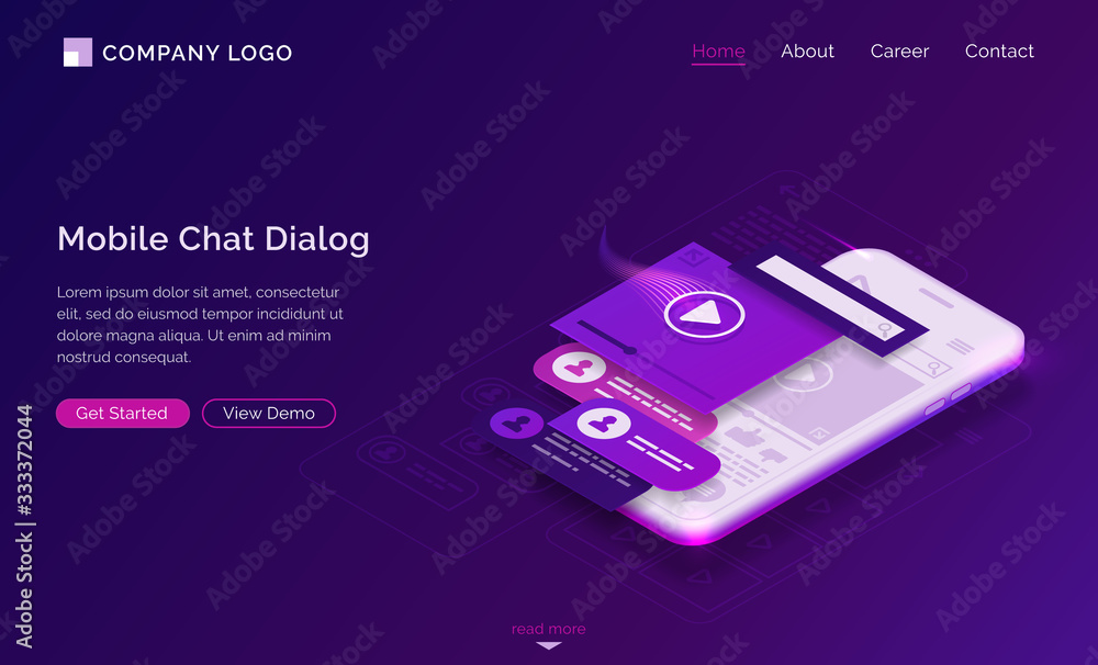 Poster mobile chat dialog isometric landing page, sms and audio messages ui mobile app interface layouts at