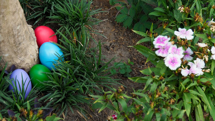 Easter Eggs hidden in the garden. Activities on the Easter Day, hiding and finding eggs