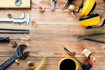 work tools on a wooden table