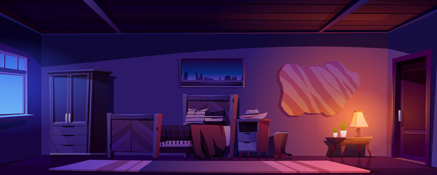 Cowboy Bedroom Interior At Night. Vector Cartoon Illustration Of Empty Room In Rustic House Or Ranch With Wooden Bed, Wardrobe, Hat On Nightstand, Bull Skin On Wall And Lamp Light