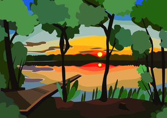  landscape in vector technique. Nature drawing for print and interior decoration
