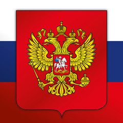 Russia Federation official national flag and coat of arms, asiatic and european country, vector illustration