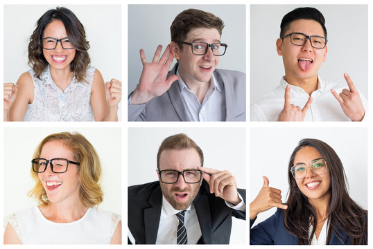 Positive people in glasses with different hand gestures portrait set. Young men and women of different races multiple shot collage. Human emotions concept