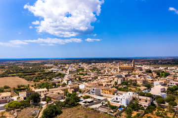 Fototapeta na wymiar Aerial view, the village of ses Salines, with the Esglesia Ses Salines church, Mallotrca, Balearic Islands, Spain