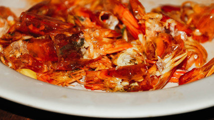 Red Shrimp Shells. Selected focus.(image contain certain grain or noise and soft focus when view at full resolution).