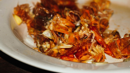 Red Shrimp Shells. Selected focus.(image contain certain grain or noise and soft focus when view at...