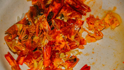 Red Shrimp Shells. Selected focus.(image contain certain grain or noise and soft focus when view at full resolution).