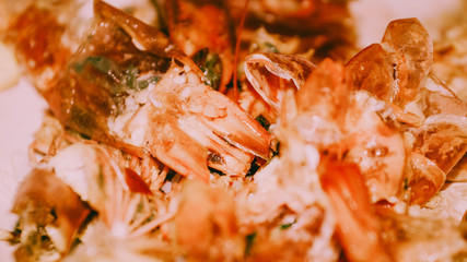 Red Shrimp Shells. Selected focus.(image contain certain grain or noise and soft focus when view at full resolution).