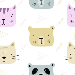 Cute pattern with animals in a cartoon style in delicate nude colors. Suitable for decoration and decor of children's products.