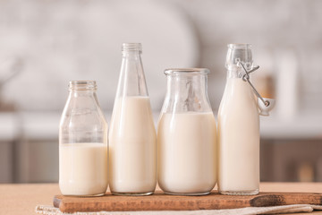 Glassware of fresh milk on table