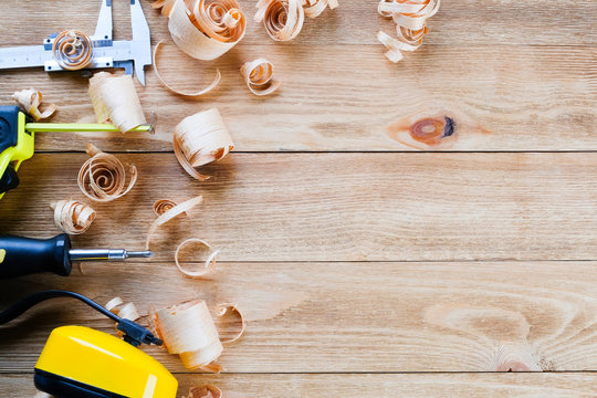 working construction tools on a wooden table