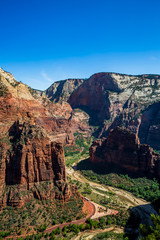 Naklejka premium Southwest usa Zion National Park The main part of the park is Zion Canyon surrounded by the walls of the Deertrap, Cathedral and Majestic Mountain mountains. The Virgin River flows through the canyon.