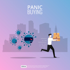 Panic buying concept. Man with face mask carrying his goods chased by epidemic virus illustration. Vector template of Behavior and Social issues