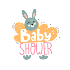 baby shower. Cartoon bunny, hand drawing lettering, cloud, decor elements. Colorful vector illustration for kids, flat style. design for baby shower, cards, print, poster