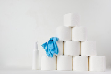 Toilet paper, Hand Sanitizer and medical mask. The panic of the coronavirus epidemic