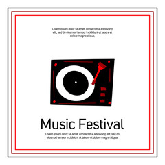 Music festival banner template with text space. Retro record player vector illustration in doodle style.
