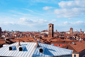 Aerial view on rooftops, Venice cityscape and the bell tower. Italy, Europe