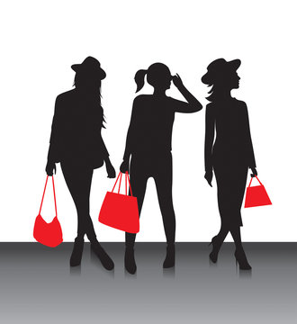 Fashion women silhouettes holding red purse.