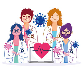 online health, staff female and male doctors with laptop and stethoscope characters covid 19 pandemic