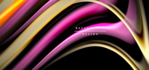 Abstract silk smooth lines on black, multicolored liquid fluid rainbow style waves on black