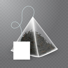 Pyramid shaped tea bag mock up with black tea inside. Vector realistic illustration of teabag with empty white label isolated on transparent background.