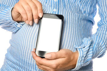 Happy pregnant girl with a phone in her hands on a white background.