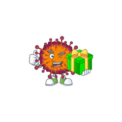 Cheerful COVID19 syndrome cartoon character holding a gift box