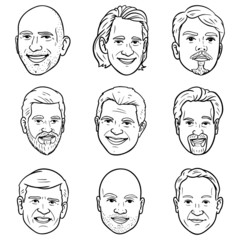 monochrome avatar set of nine businessmen.  Comic, vector, isolated.