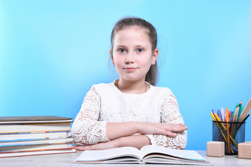 Back to school .Happy cute industrious child is sitting at a desk indoors. Kid is learning in class.quarantine.Kid is learning in home.