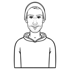 monochrome illustration of a teenager with a hat and beard.  Comic, avatar.