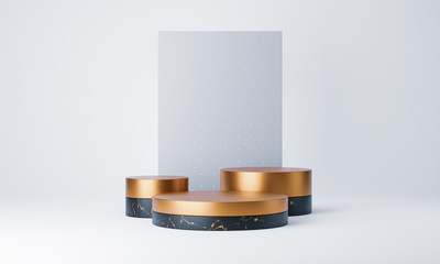 Clean white gold product pedestal, gold frame, memorial board, abstract minimal concept, blank space, clean design, luxury mockup. 3d render 